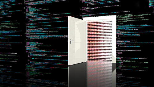 Door in a wall in a black room painted with computer code leading to a digital red background encryption backdroor concept