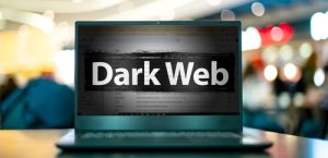 Laptop computer displaying the warning sign of the dark web