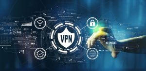 VPN concept with hand pressing a button on a technology screen